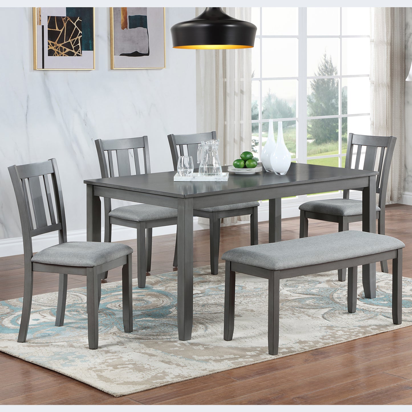 Valencia 6-Piece Dining Set - Gray - Includes Rectangular Table, 4 Upholstered Chairs, 19" and Bench - Acacia Wood, Seats 6