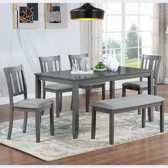 Valencia 6-Piece Dining Set - Gray - Includes Rectangular Table, 4 Upholstered Chairs, 19" and Bench - Acacia Wood, Seats 6