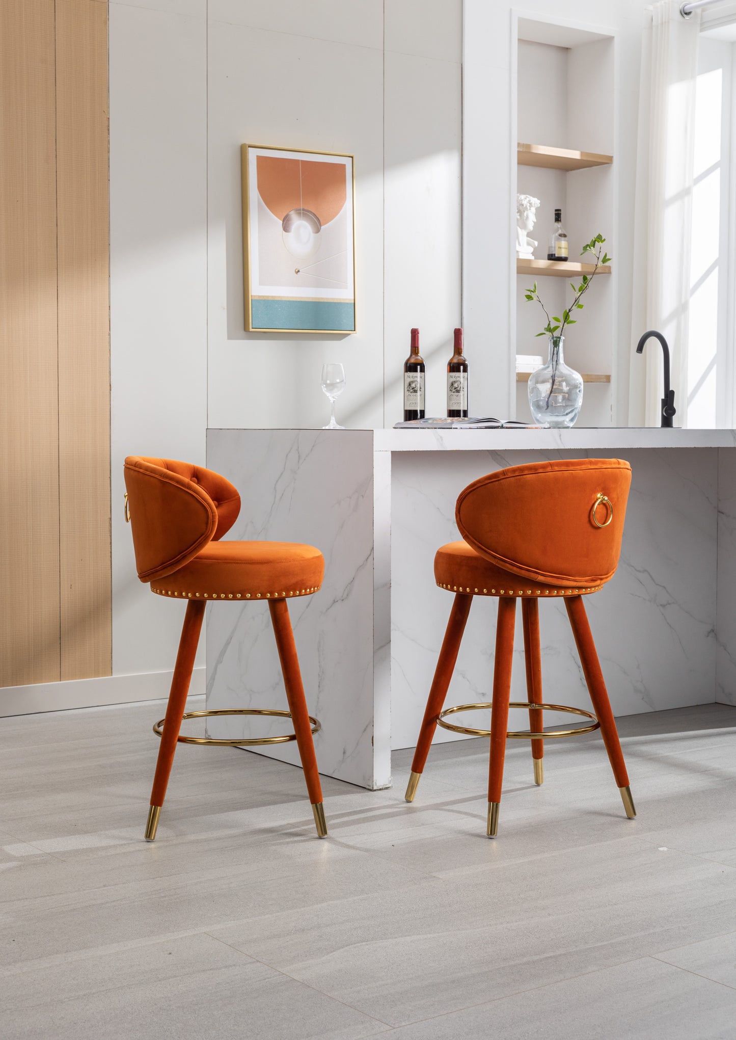 Miple - Set of 2 - 28" Orange Velvet Swivel Counter Height Bar Stools with Backrest, Footrest, and Solid Wood Legs, Retro Style