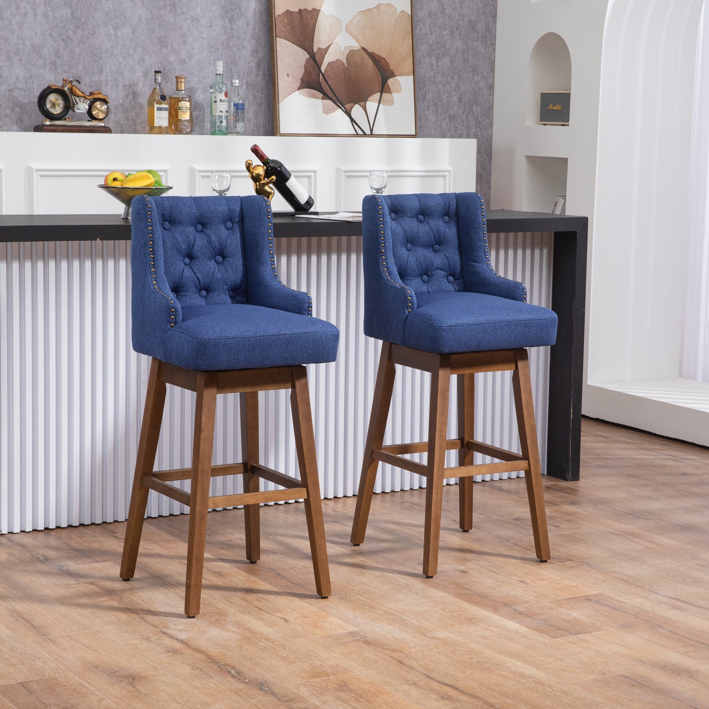 Hazelridge - Set of 2 - 30" Navy Linen Swivel Bar Stools with Solid Wood Legs, Counter Height Chairs with Footrest