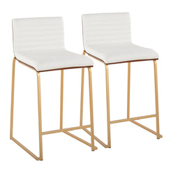 Aurelius - Set of 2 - 26" Fixed-Height Counter Stools in Gold Metal, Walnut Wood, and White Faux Leather