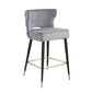 Harmith - Set of 2 - 24" Gray Velvet Counter Stools with Gold-Tipped Black Metal Legs, 19" W x 22" D