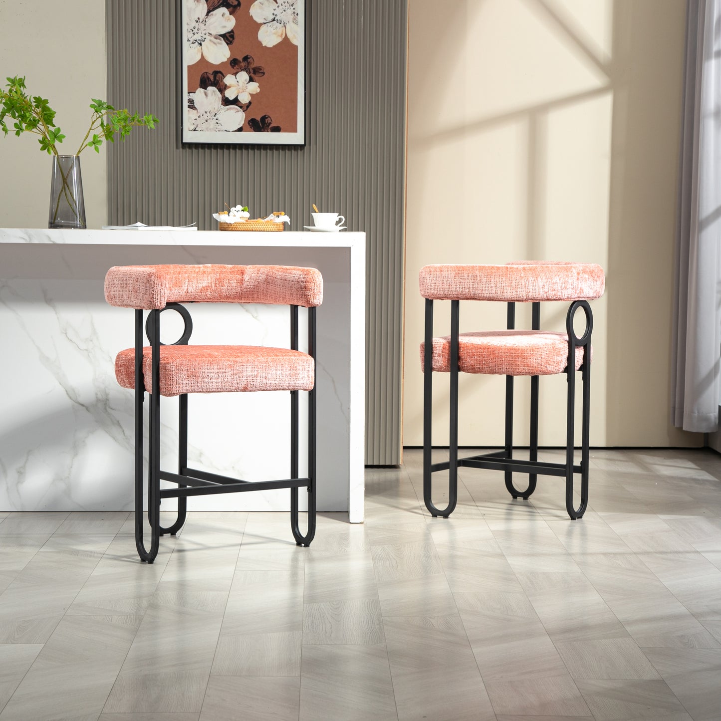 Adelina - Set of 2 - 24" Pink Chenille Bar Stools with Modern Curved Backrest and Black Metal Frame for Kitchen Island, Pub, or Dining Room