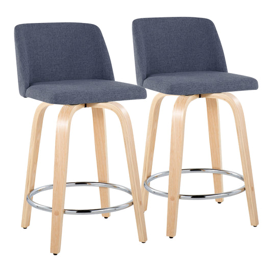 Tiber- Set of 2 - 26" Natural Wood & Blue Fabric Swivel Counter Stools with Chrome Footrest