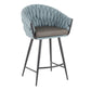 Matil - Set of 2 - 26" Braided Counter Stools with Black Metal Frame, Grey Faux Leather, and Blue Fabric Upholstery