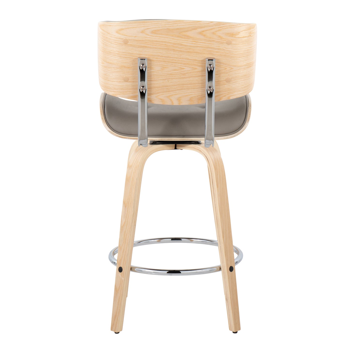 Lombardi - Set of 2 - 26" Mid-Century Modern Fixed-Height Counter Stool with Swivel, Natural Wood & Light Grey Faux Leather