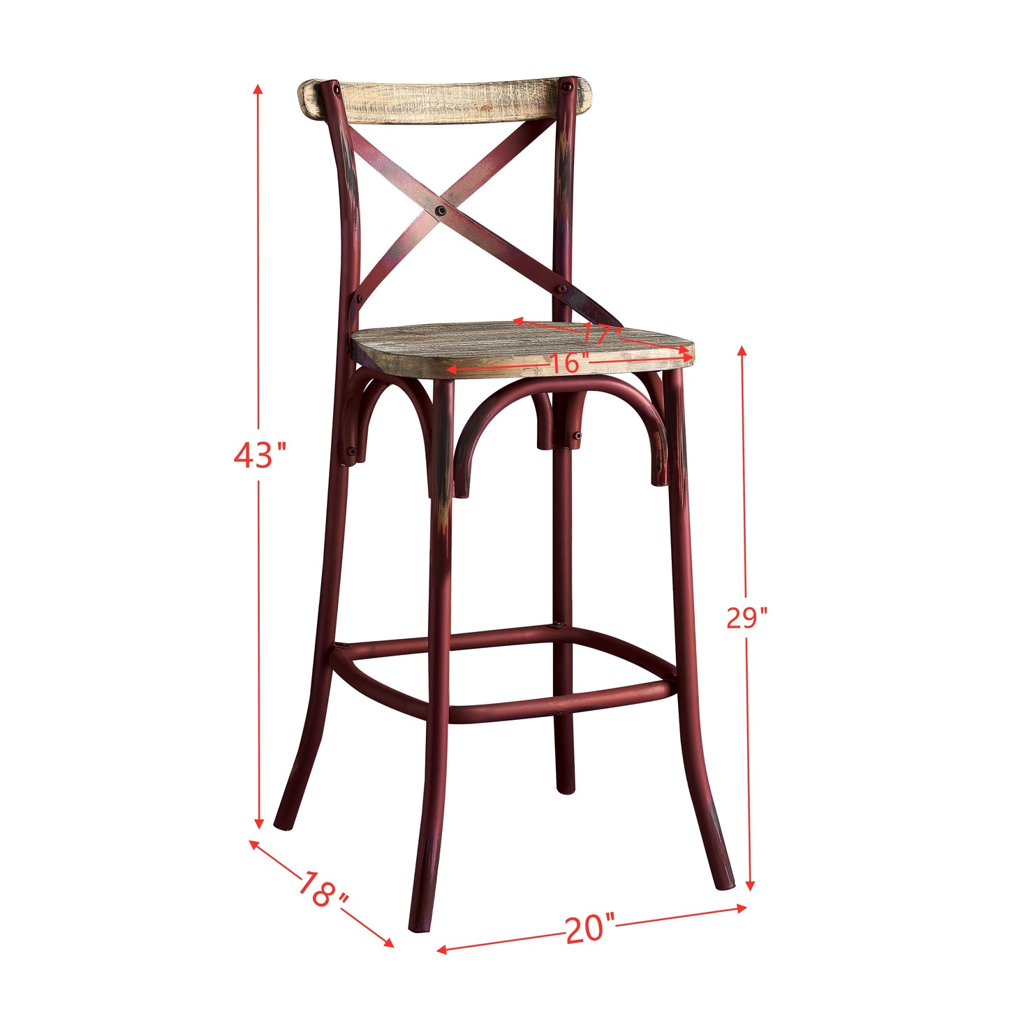 Zorina -  set of 2 -29" Seat Height Industrial High-Back Bar Chair in Antique Red and Oak, 43" Overall Height