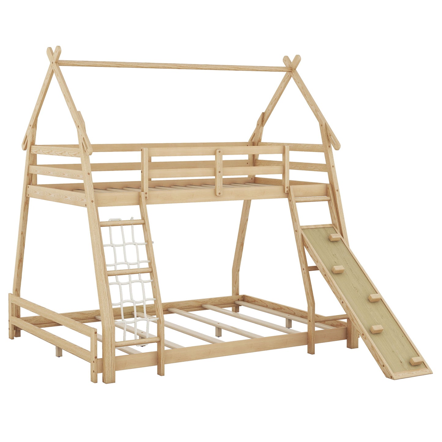 Georgiana - Twin Over Queen House Bunk Bed With Climbing Nets And Climbing Ramp