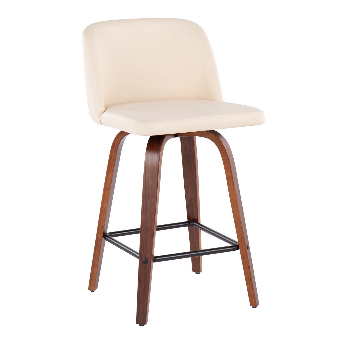 Larabel - Set of 2 - 26" Walnut Wood Counter Stools with Cream Faux Leather Upholstery & Black Footrest