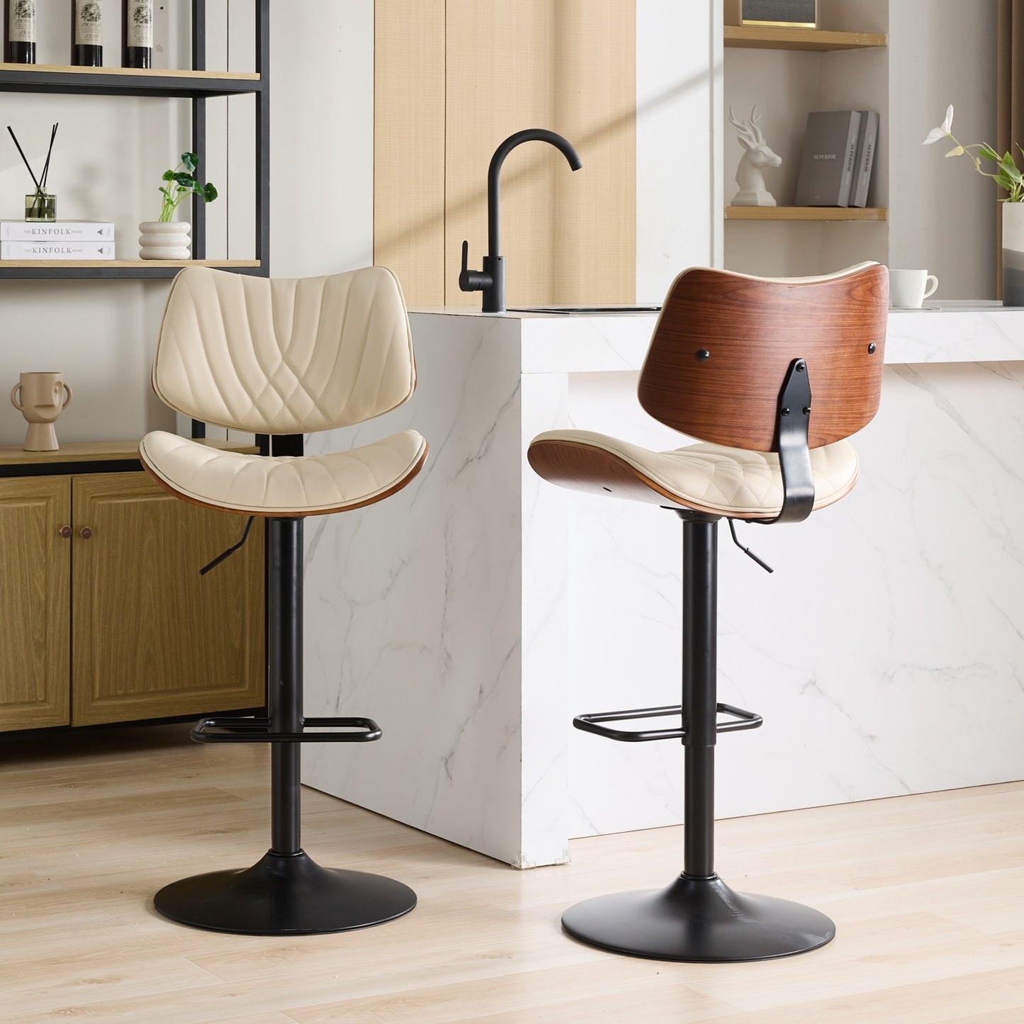 Stafan - Set of 2 - 24" Walnut Bentwood Bar Stools, Mid-Century Modern Adjustable Counter Height, Black Faux Leather Upholstered, 360° Swivel for Kitchen Island/Dining Room, Beige