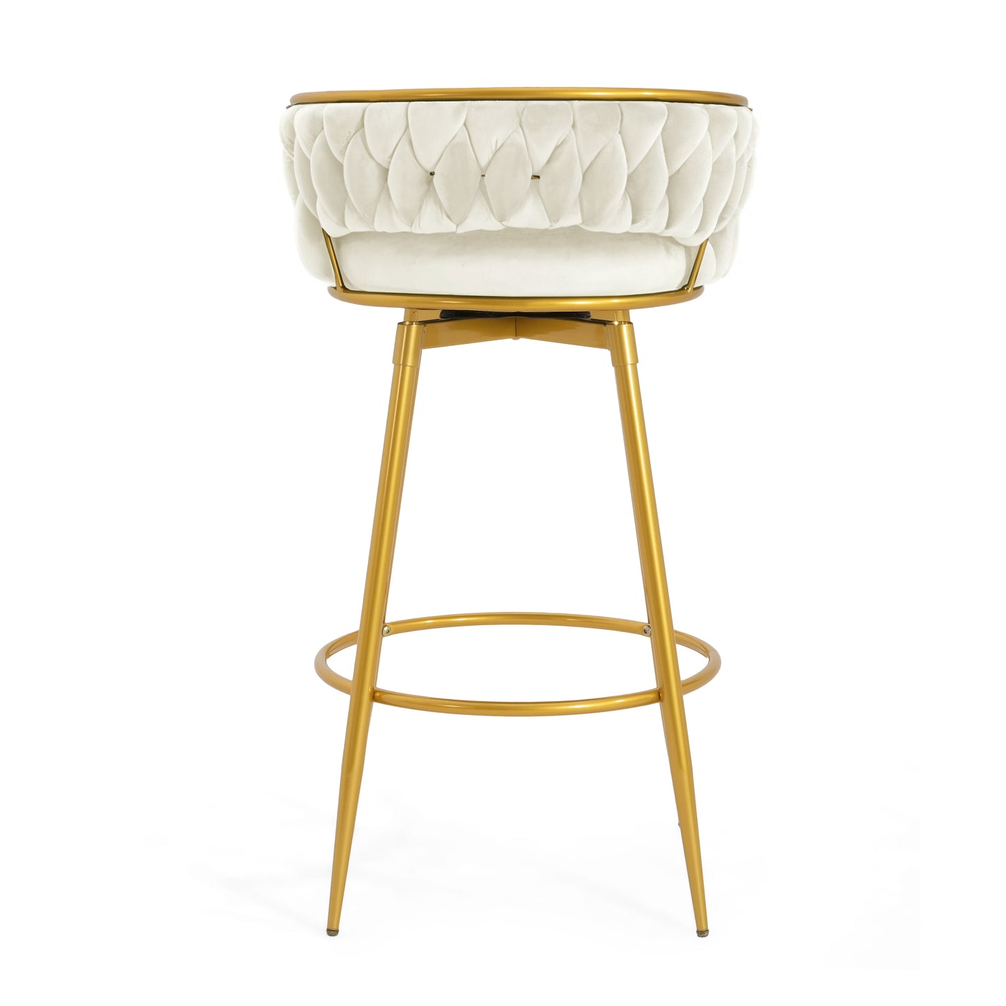 Stalbrook - Set of 2 - 31.5” Swivel Counter Height Bar Stools with Hand-Woven Backrest, Gold Metal Legs, Beige Upholstered Seats