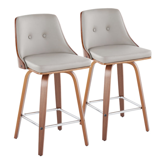 Gideona - Set of 2 - 24" Mid-Century Modern Counter Stools in Walnut Wood, Light Grey Faux Leather, Chrome Footrest