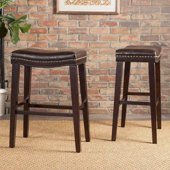 Marcila - Set of 2 - 26" Dark Brown PU Leather Saddle Bar Stools with Nailhead Trim and Rubberwood Frame