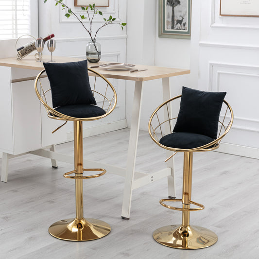 Lucent - Set of 2 - 25" Black Velvet Adjustable Height Bar Stools with Pure Gold-Plated Base, 360° Rotation, and Unique Design