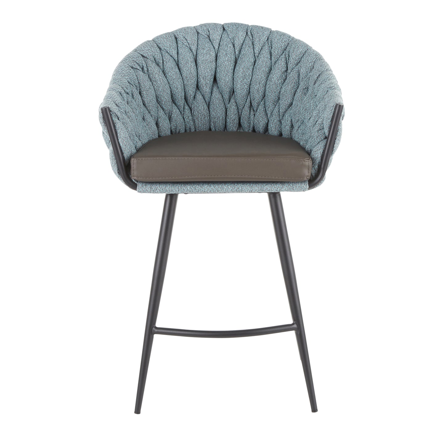 Matil - Set of 2 - 26" Braided Counter Stools with Black Metal Frame, Grey Faux Leather, and Blue Fabric Upholstery