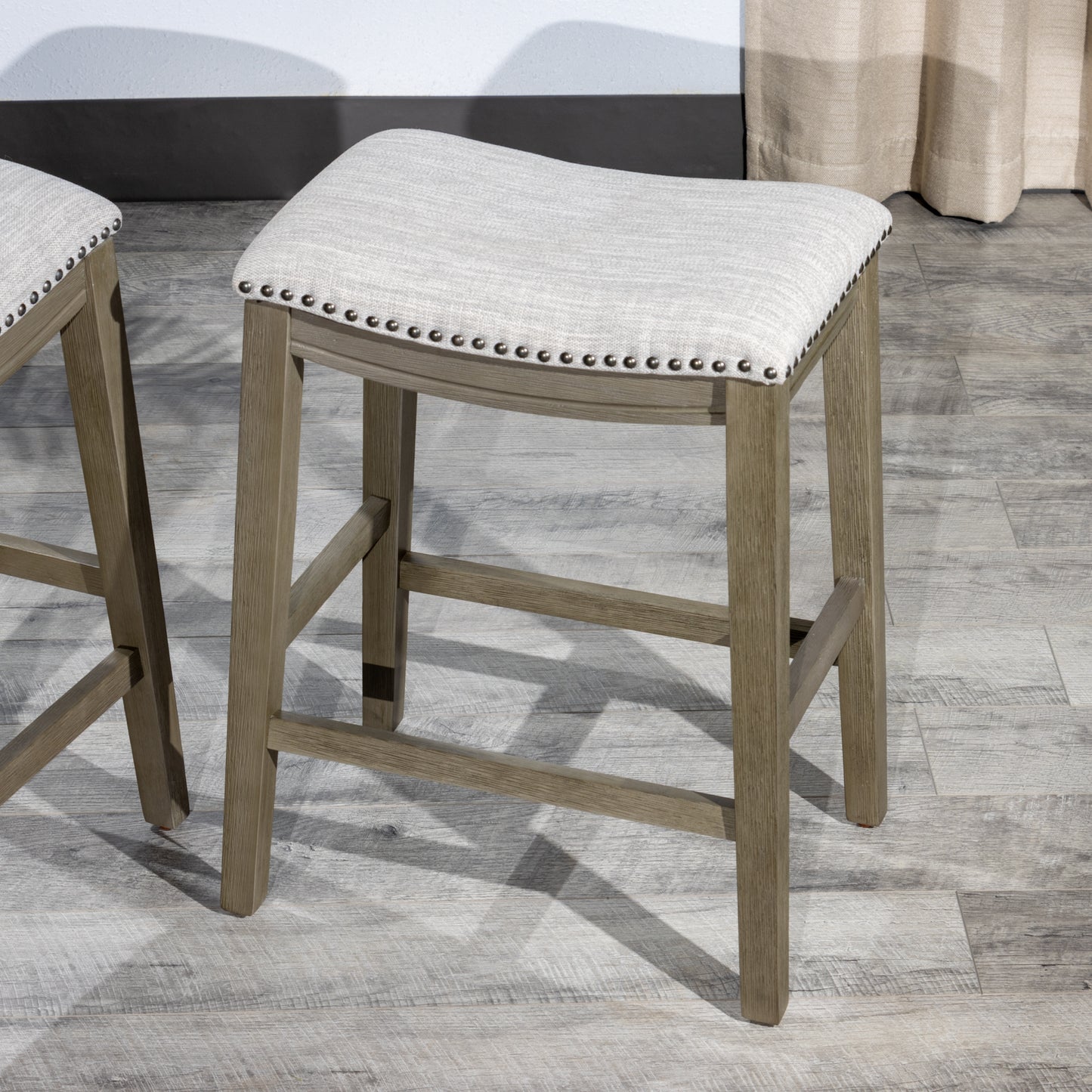 Elowen - Set of 2 - 26" Gray Saddle Counter Stools with Upholstered Fabric and Nailhead Trim