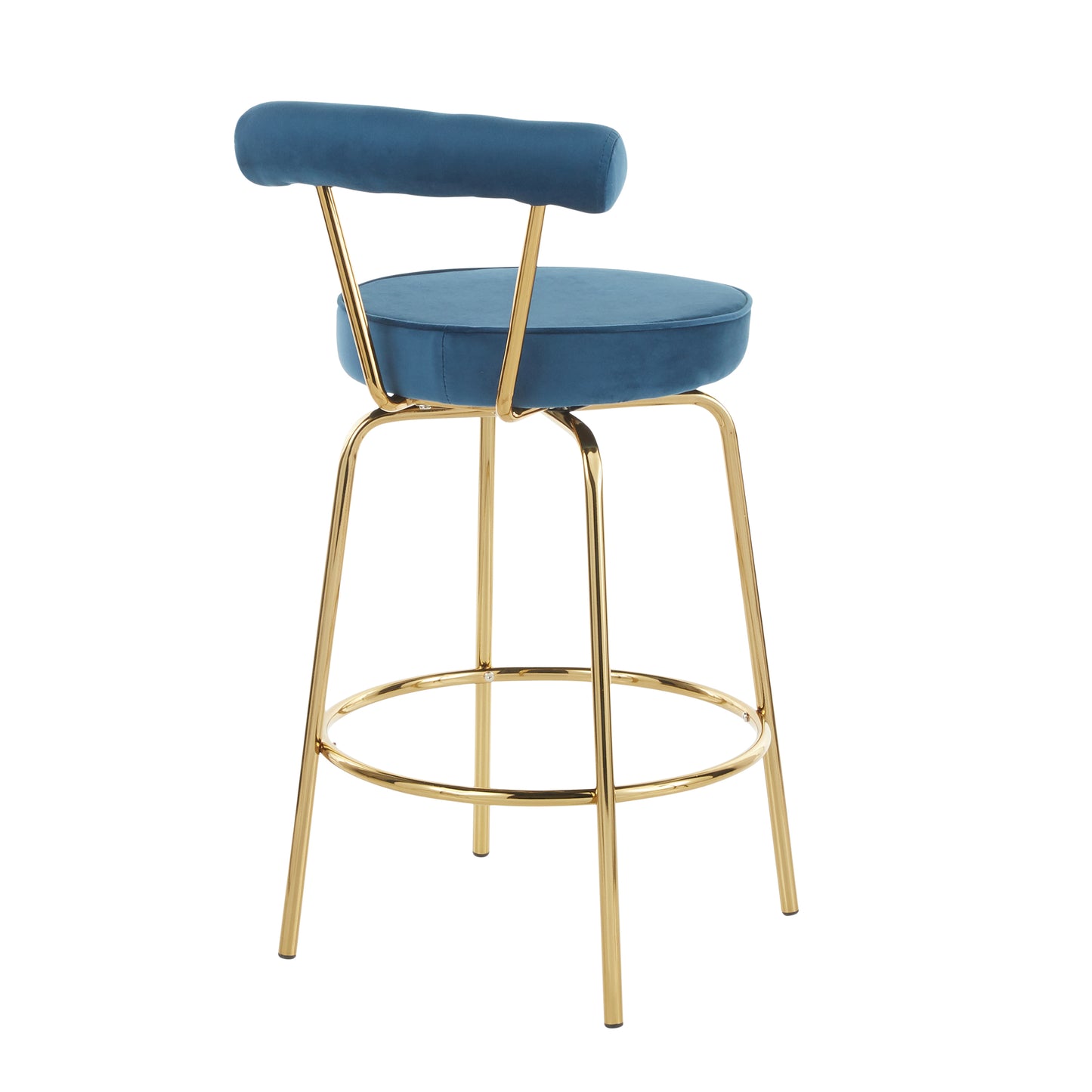 Richmond - Set of 2 - 34" Gold Metal Counter Stools with 360° Swivel Blue Velvet Upholstery Art Deco Glam Design