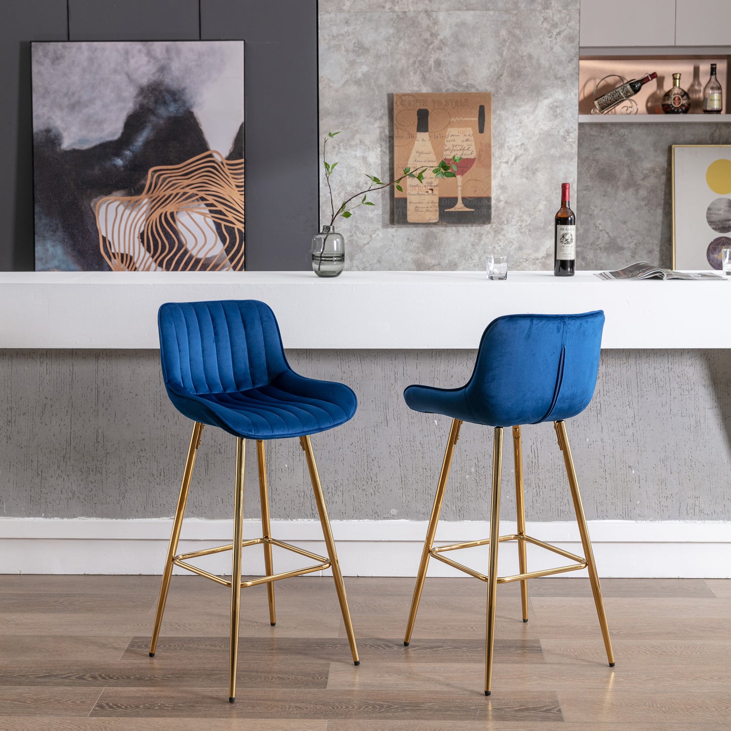 Havrynn - Set of 2 - 30" Blue Velvet Counter Stools with Golden Legs and Chrome Footrest, Modern Design