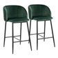 Fleetwood - Set of 2 - 24" Green Velvet Pleated Wave Counter Stools with Black Frame Modern Fixed-Height Design