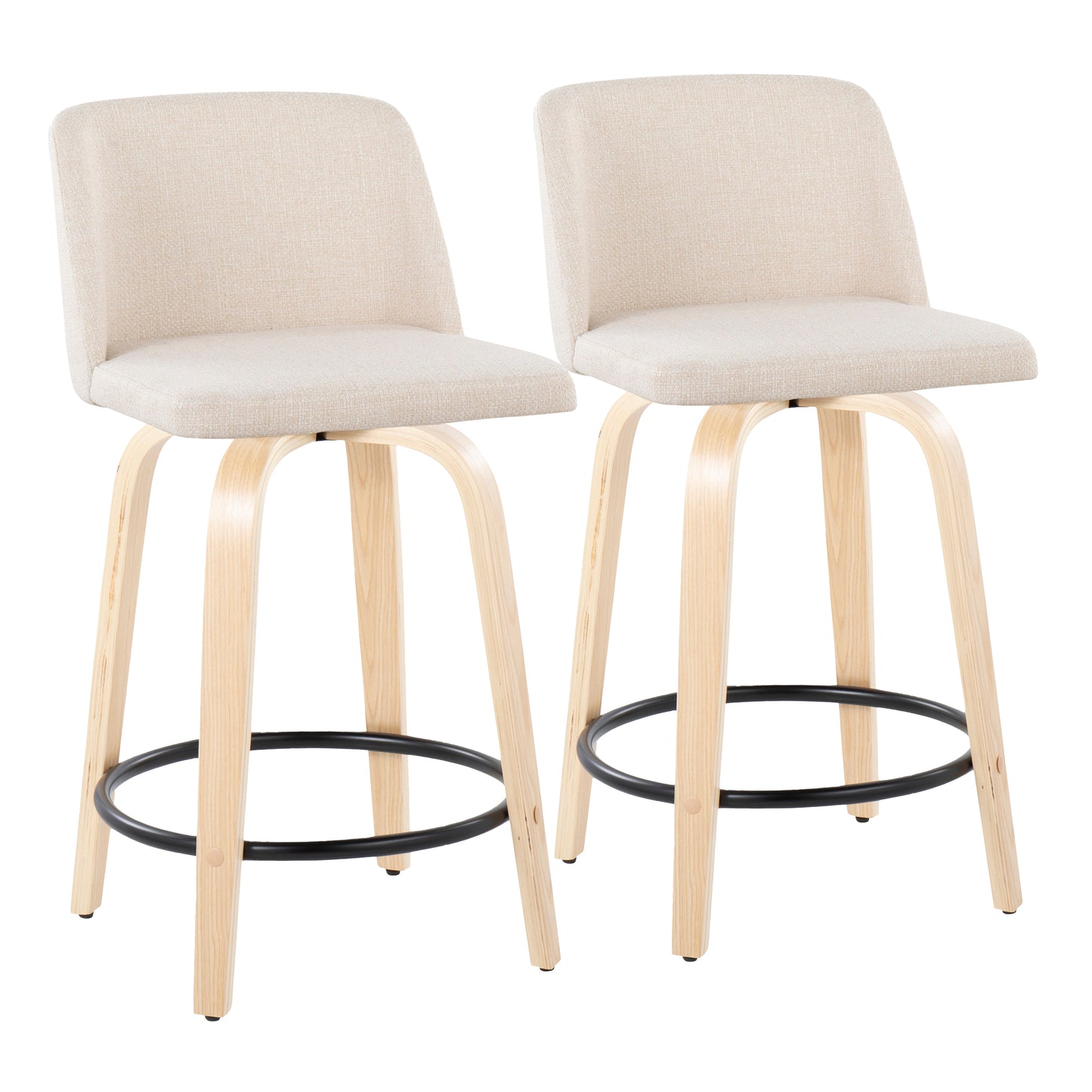 Tirox - Set of 2 - 24" Contemporary Fixed-Height Swivel Counter Stools – Natural Wood & Cream Noise Fabric with Round Black Metal Footrest