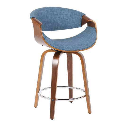 Curvini - Set of 2 - 26" Walnut Wood & Blue Fabric Mid-Century Counter Stools with Swivel & Armrests