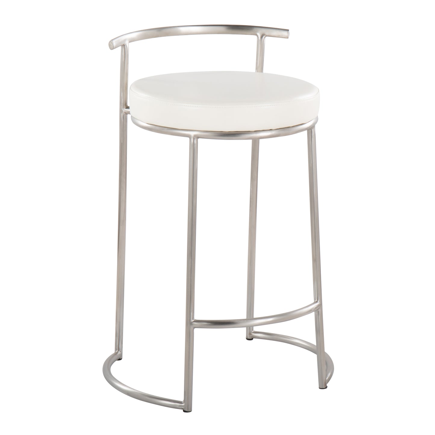 Aurivelle - Set of 2 - 26" Round Counter Stools with Stainless Steel Frame and White Faux Leather Upholstered Seat