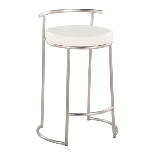 Aurivelle - Set of 2 - 26" Round Counter Stools with Stainless Steel Frame and White Faux Leather Upholstered Seat