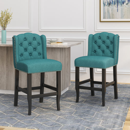 Veleta - Set of 2 - 27" Teal Tufted Wingback Counter Stools with Nailhead Trim and Dark Brown Rubberwood Legs