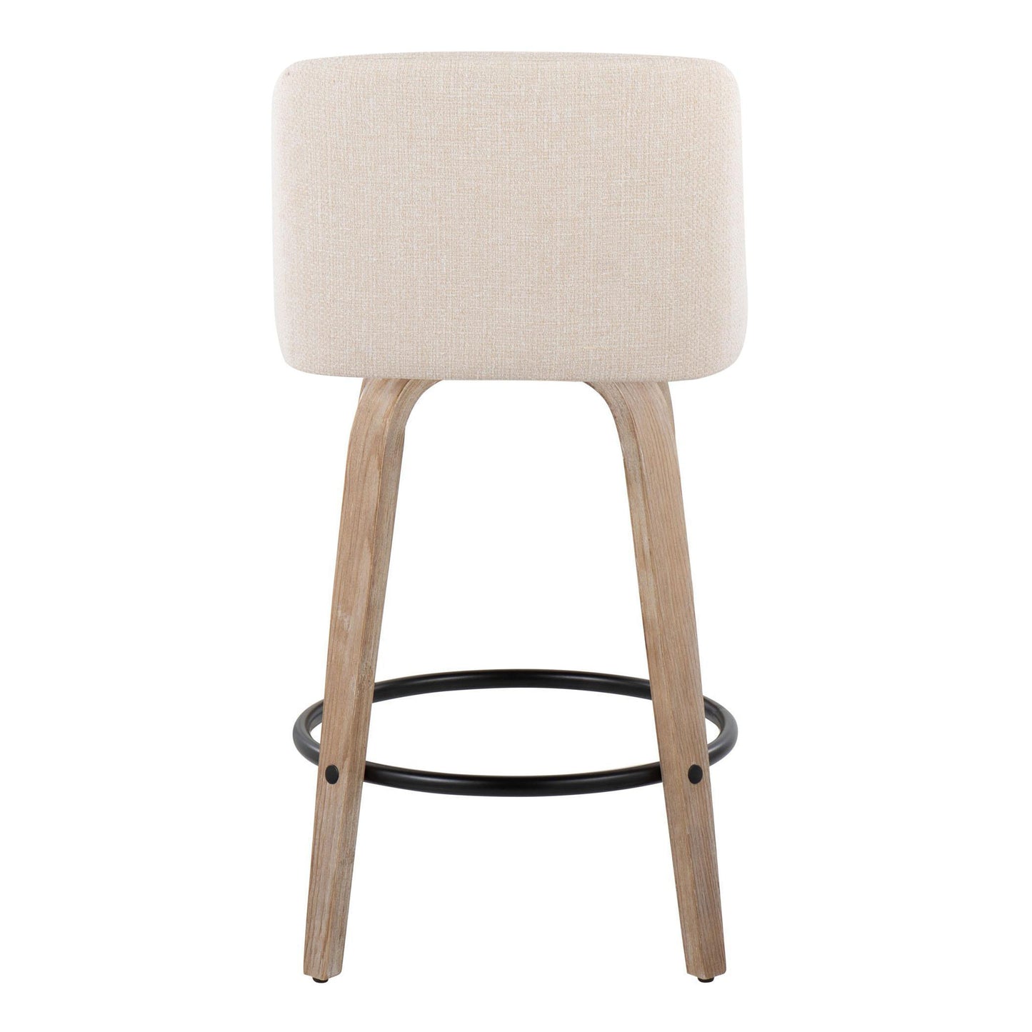 Nolan - Set of 2 - 24" Mid-Century Modern Counter Stools with Swivel Seats, White-Washed Wood Frame, Cream Fabric Upholstery, and Black Metal Footrest