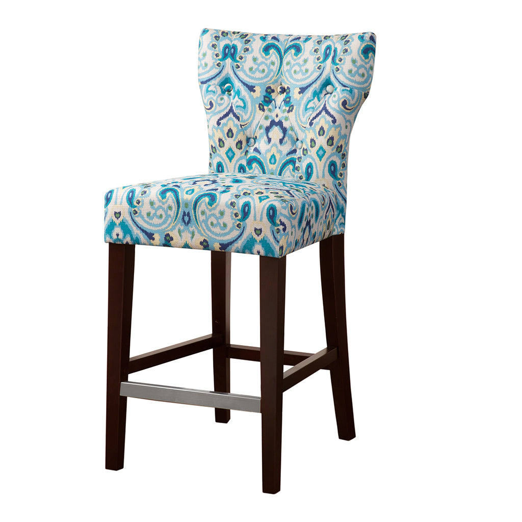 Marivelle - Set of 2 - 26" Fixed-Height Counter Stool with Luxurious Blue Tufted Fabric, Solid Wood Frame, and High Back Design