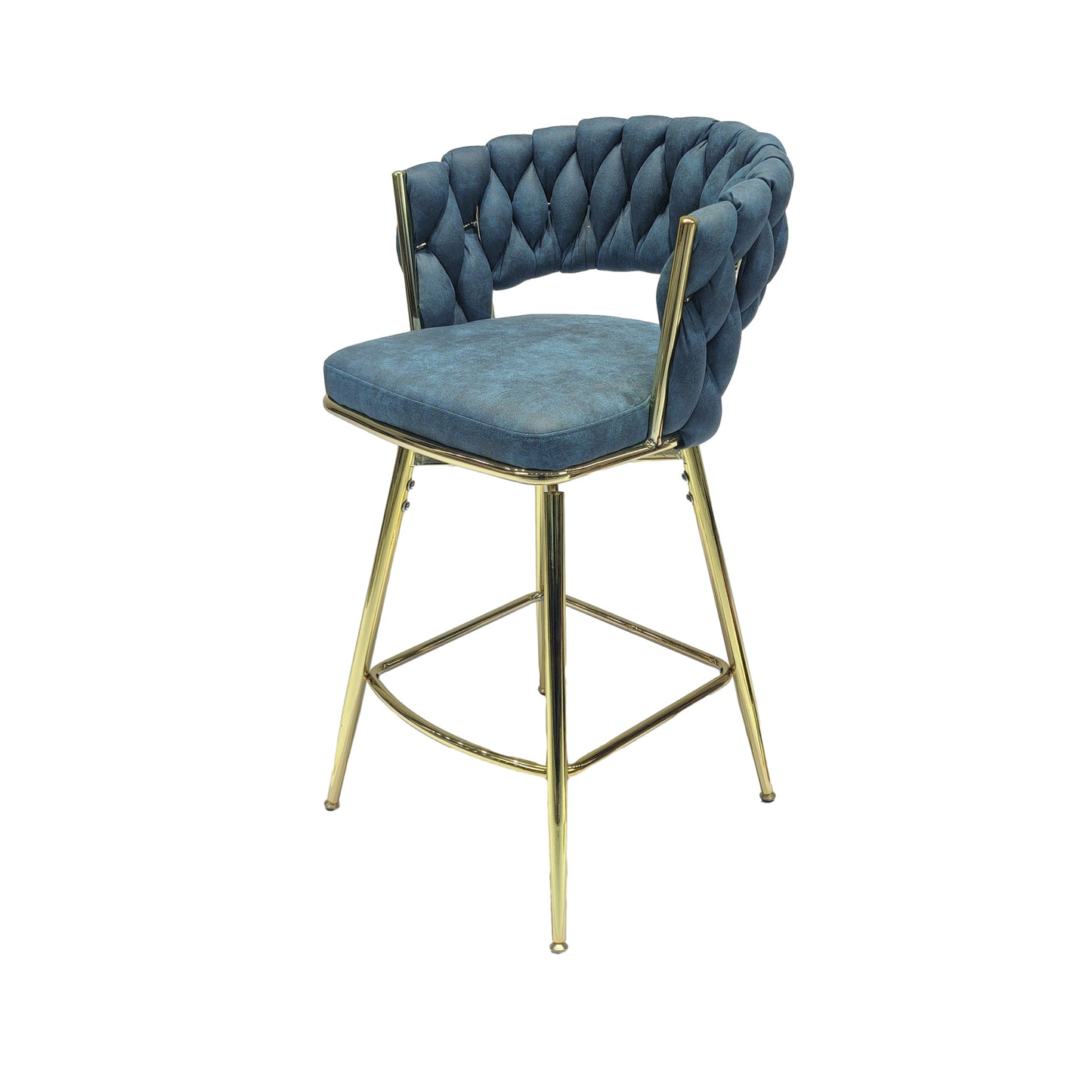 Haythorne - Set of 2 - 26" Blue Suede Woven Swivel Bar Stools with Armrest & Footrest - Gold Legs for Kitchen Island