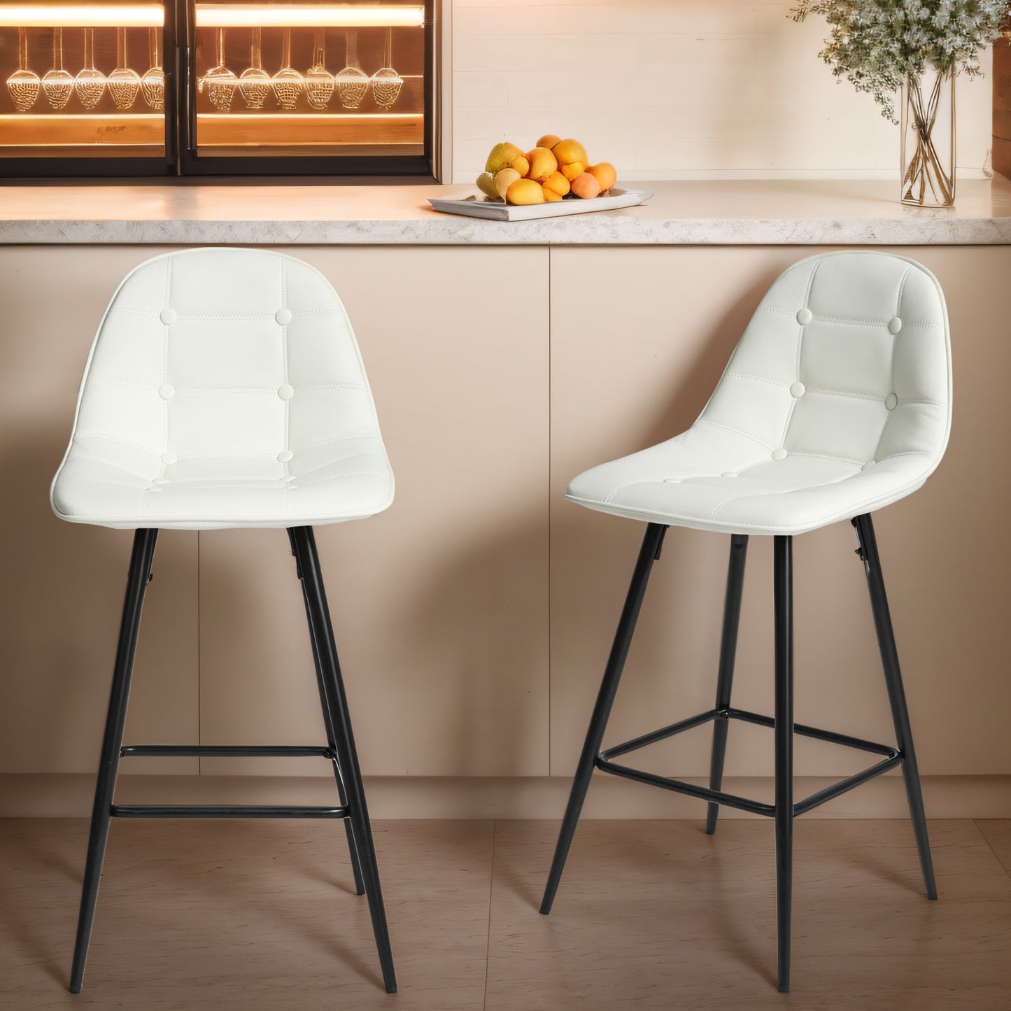 Helmsley - Set of 2 - 26" White Faux Leather Bar Stools with Back & Footrest - Modern Metal Counter Height Stools for Kitchen & Home Bar, Armless Chairs