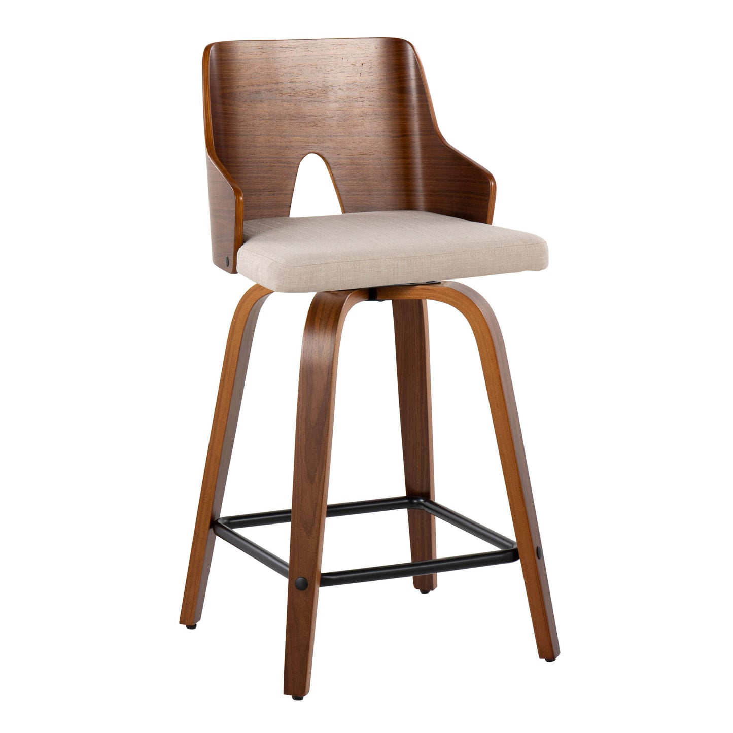 Solvique - Set of 2 - 26" Beige Upholstered Counter Stools with Walnut Wood Backrest & 360° Swivel