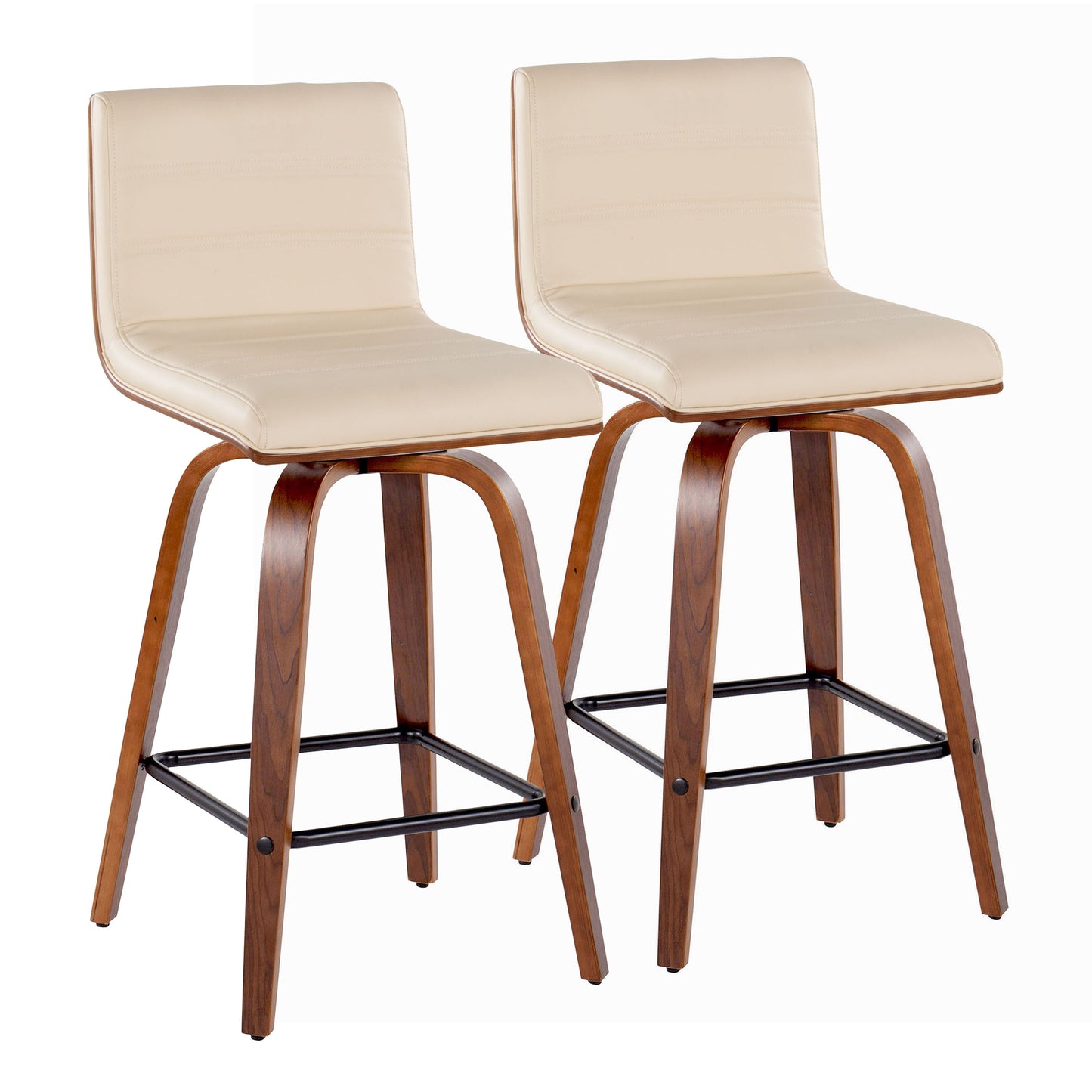 Vellana - Set of 2 - 26" Mid-Century Modern Swivel Counter Stools with Walnut Wood and Cream Faux Leather, Square Black Footrest