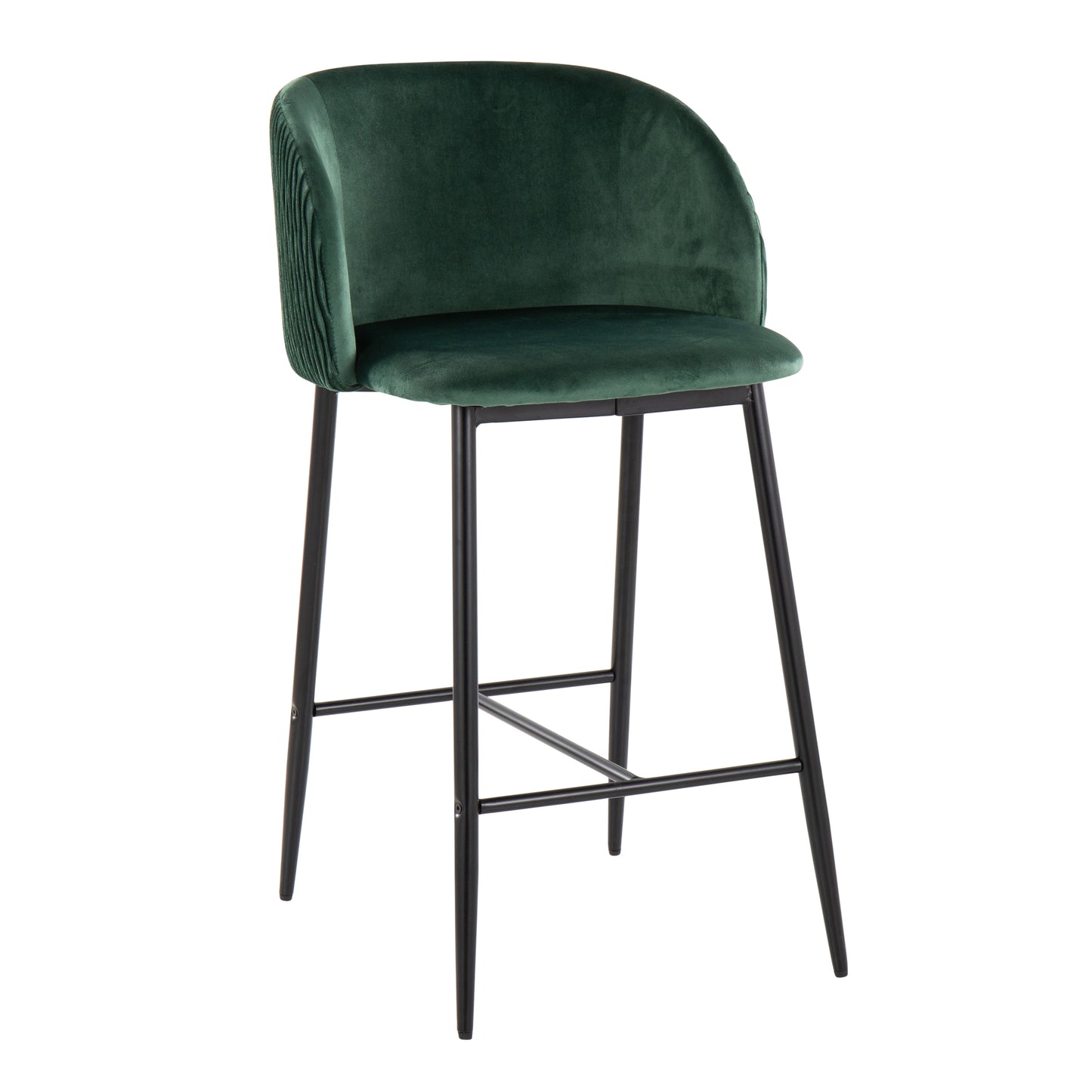 Fleetwood - Set of 2 - 24" Green Velvet Pleated Wave Counter Stools with Black Frame Modern Fixed-Height Design