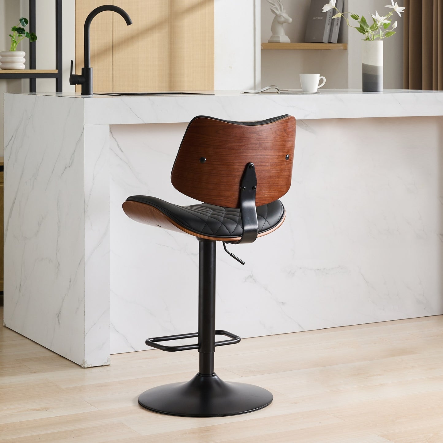 Alessa - Set of 2 - 26" Adjustable Walnut Bentwood & Black Leather 360° Swivel Bar Stools