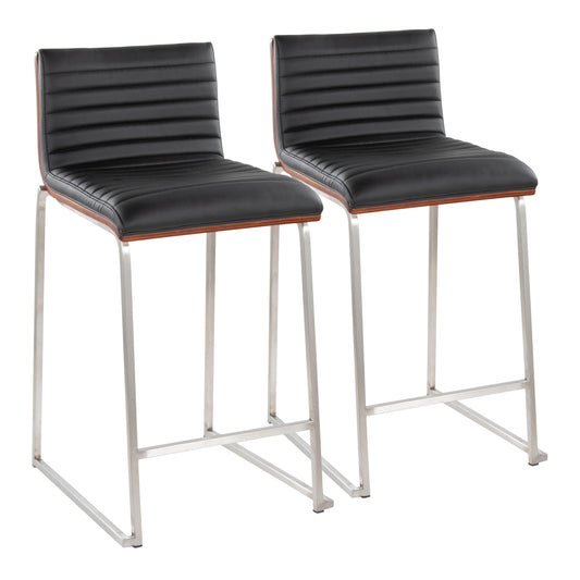 Axiom - Set of 2 - 26" Black Faux Leather Fixed-Height Counter Stools with Walnut Wood Back, Stainless Steel Frame, Contemporary Design by LumiSource