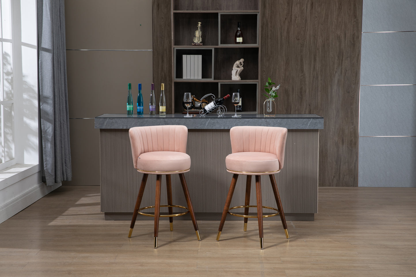 Lavantro - Set of 2 -28" Counter Height Handcrafted Swivel Bar Stools with Pink Fabric, Solid Wood Legs & 360° Rotation - Vintage Retro Design