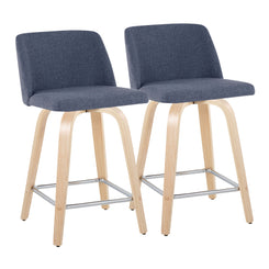 Tirian - Set of 2 - 24" Blue Upholstered Swivel Counter Stools with Natural Wood Legs and Chrome Footrest