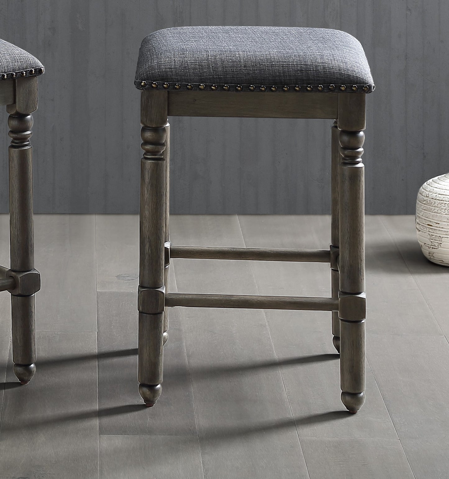 Sylphira - Set of 2 - 26" Grey Upholstered Wood Swivel Counter Height Stools with Bronze Nailhead Trim