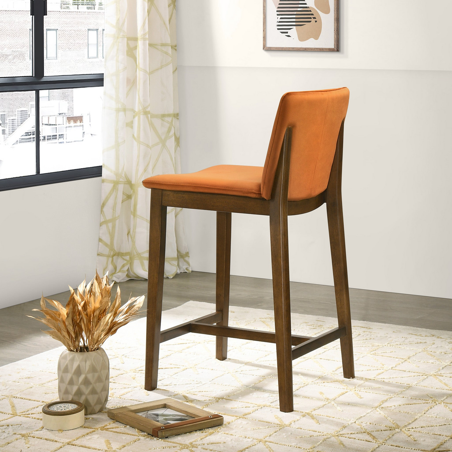 Sagewood - Set of 2 - 35" Burnt Orange Velvet Counter Chair – Mid-Century Modern Dining Seat