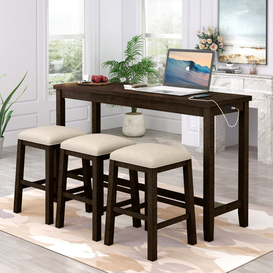 Tennyson - 4-Piece 30" Rustic Brown Counter Height Table with Fabric Padded Stools and Socket