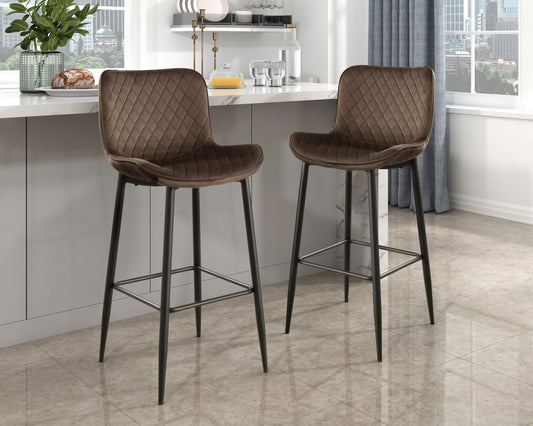 Nya - Set of 2 - 29" Brown Velvet Bar Height Chairs with Modern Quilted Upholstery and Black Metal Legs