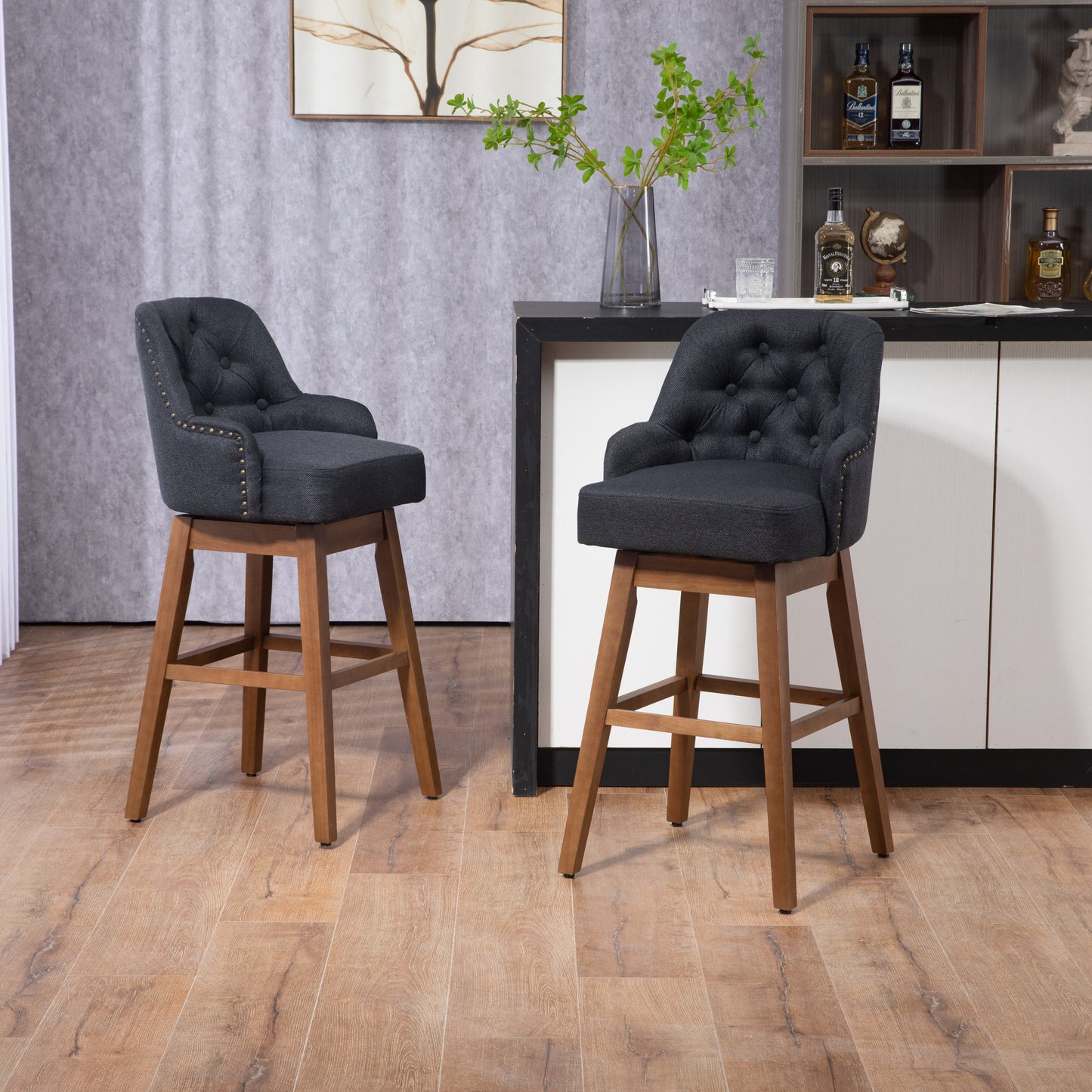 Vianna- Set of 2 - 30" Black Linen Counter Height Bar Stools with Button-Tufted Design, 360° Swivel, and Solid Wood Legs