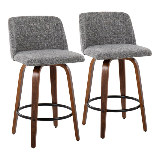 Telrinas - Set of 2 - 20" Mid-Century Modern Fixed-Height Counter Stools with Walnut Wood Frame, Grey Fabric, and Round Black Footrest