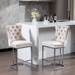 Sableton - Set of 2 - 26" Beige Velvet Counter Height Bar Stools with Button Back, Rivet Trim, and Chrome Base