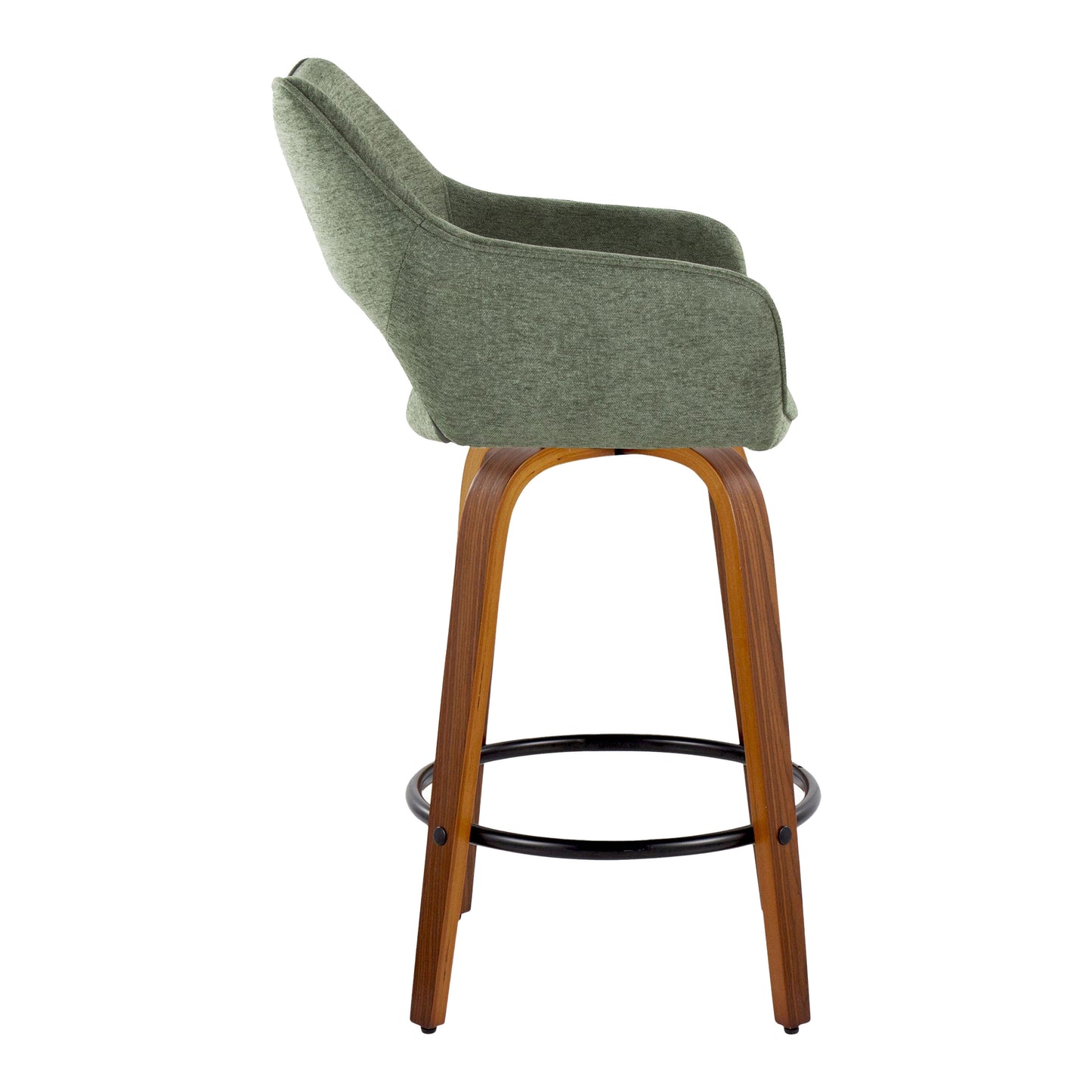 Valor Set of 2 Green Fabric Upholstered Swivel Counter Stools (26") with Walnut Bentwood Legs & Black Metal Footrest