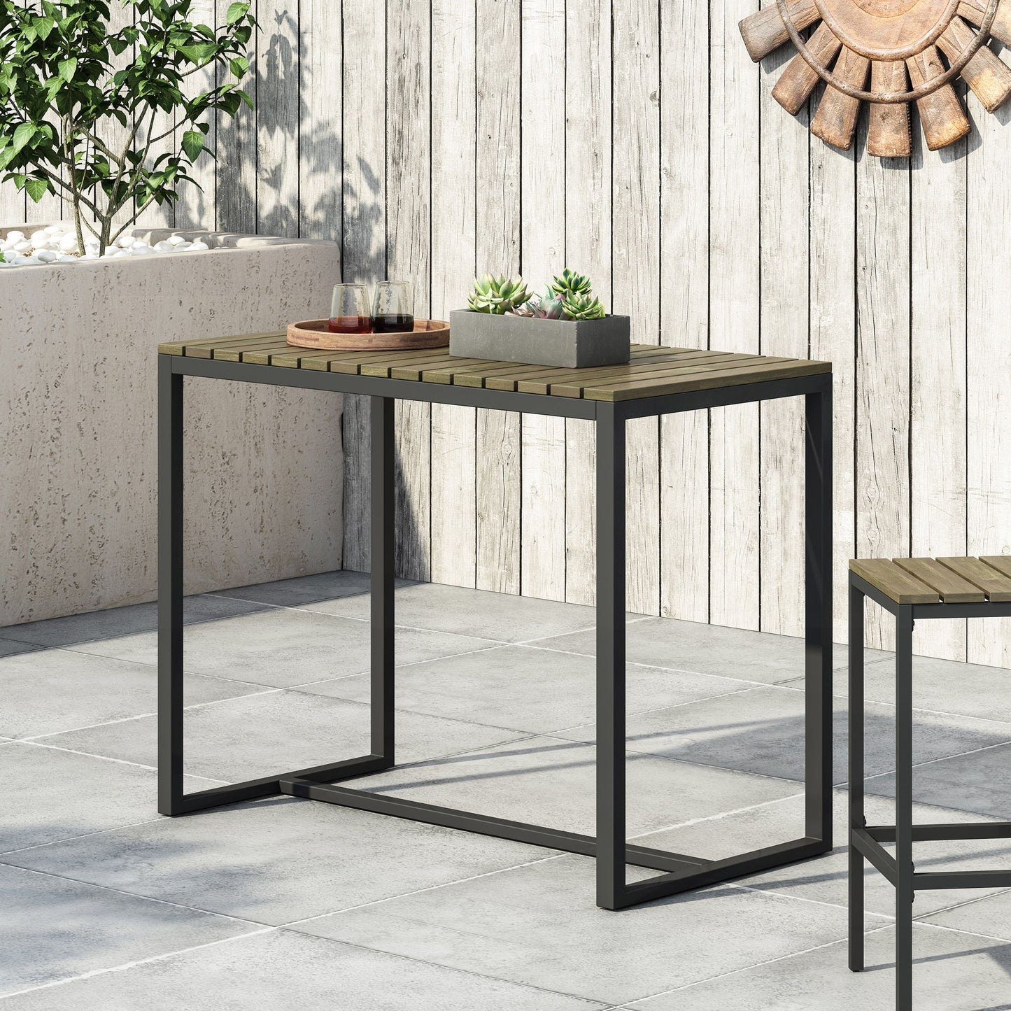 Ernesto - Outdoor Industrial Acacia Wood Bar Table With Metal Frame - Gray