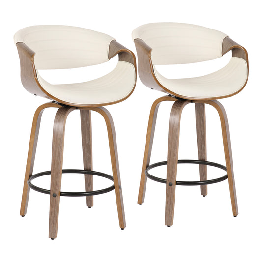 Sonata Counter Stool Set of 2 - 24" Light Grey Faux Leather, Walnut Wood Legs, 360-Degree Swivel, Mid-Century Modern Design