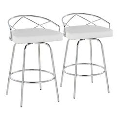 Valencia Luxe - Set of 2 - Chrome Swivel Counter Stools in White Faux Leather with Round Footrest